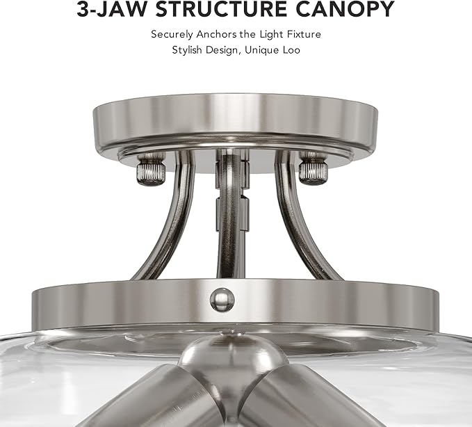 VONLUCE Semi Flush Mount Ceiling Light, 13.8" Ceiling Light Fixture with Clear Glass Shade, E26 Base, 3-Bulb Industrial Lighting Fixture for Dining Room Hallway Entryway Bedroom, Brushed Nickel