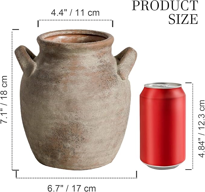 Ceramic Flower Vase Home Decor - Farmhouse Table Vases with Handle Living Room Decoration Vintage Decorative Aesthetic for Shelf Coffee Dining Desk House Bookshelf Fireplace (7.1" Retro)