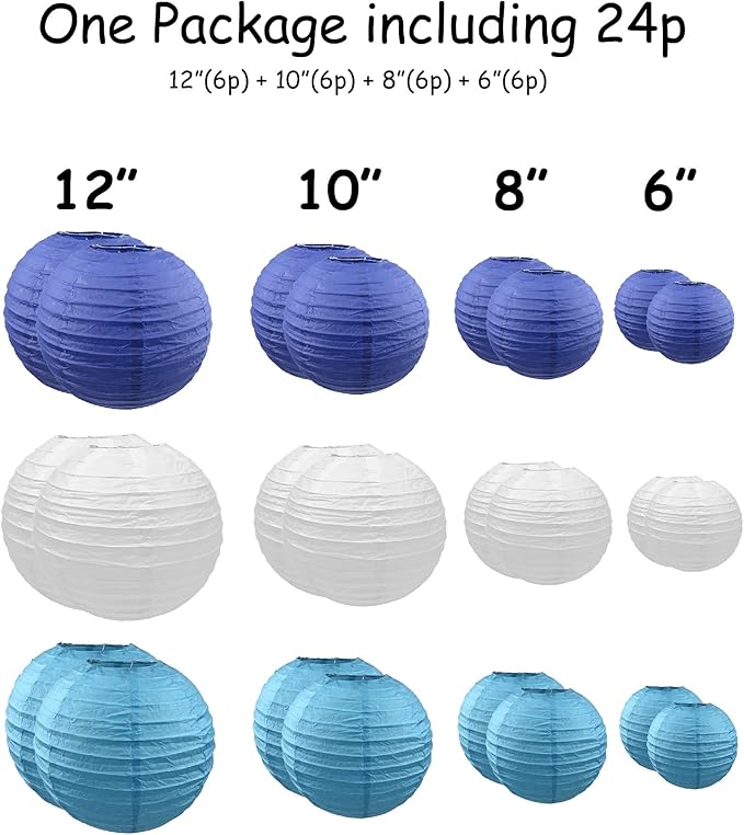 Handmade Decorative Chinese Japanese Hanging Paper Lanterns 24pcs Assorted Sizes 6”, 8”, 10”, 12” Mixture Colors Decoration for Home, Weddings and Parties Lanterns (Blue-White)