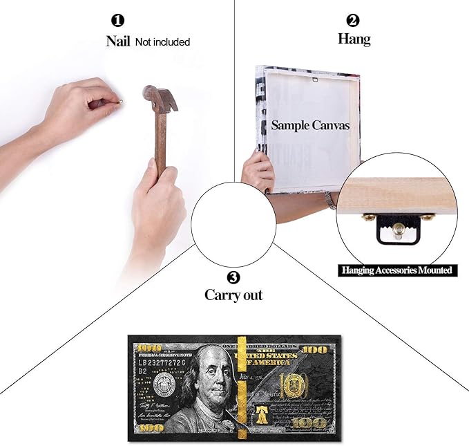 Golden 100 Dollars Money Canvas Office Home Artwork Paintings Prints Motivational Black 100 USD Money Wall Art HD Print Modern Home Rest Room Decor Wooden Framed and Stretched Easy to Hang-40 Wx20 H