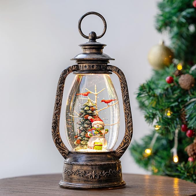 12'' Christmas Musical Snow Globe Lantern Spinning Water Glittering Snowman with Holiday Tree Scene, Battery & USB Powered Light for Home Decoration