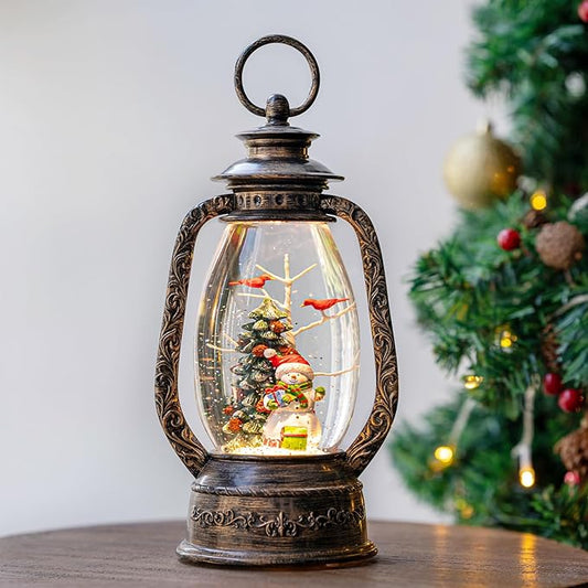 12'' Christmas Musical Snow Globe Lantern Spinning Water Glittering Snowman with Holiday Tree Scene, Battery & USB Powered Light for Home Decoration