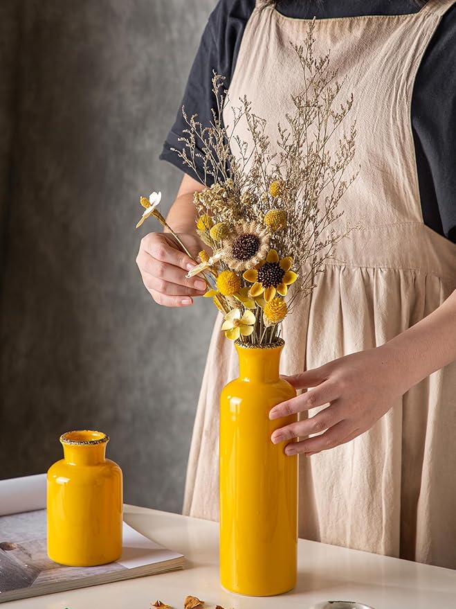 CwlwGO- Yellow Ceramic Vase Set,Modern Decorative Vases for Home Decor, Kitchen&Living Room Table Décor,Fireplace & Entrance centerpieces Decorations.
