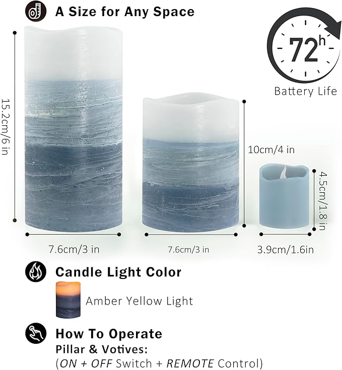 FURORA LIGHTING Blue Ombre Real Wax Flameless Candles with Remote and Timer, 4 Pillars and 4 Votives Pack of 8, LED Flickering Candles for Home Décor, Battery Operated