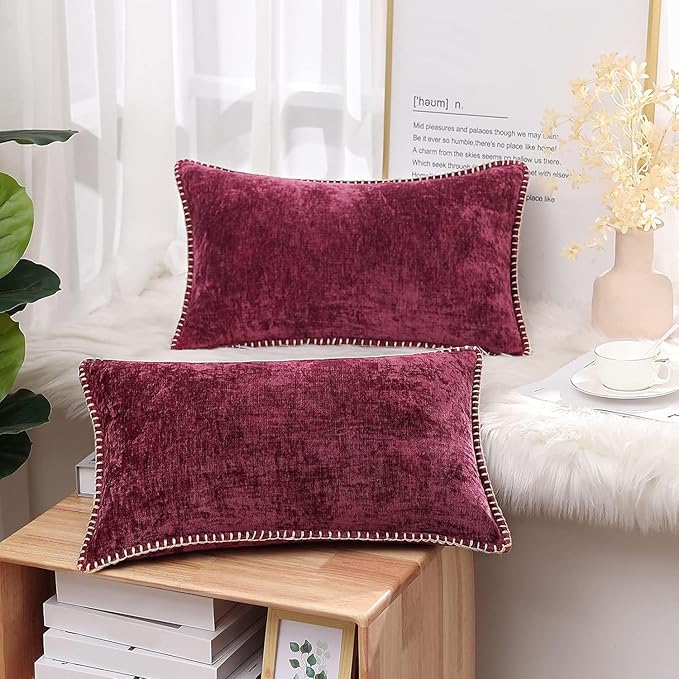 decorUhome Christmas Chenille Soft Throw Pillow Covers 12x20 Set of 2, Lumbar Velvet Farmhouse Neutral Decorative Euro Pillow Covers with Stitched Edge for Couch Sofa Bed Home Decor, Rhododendron