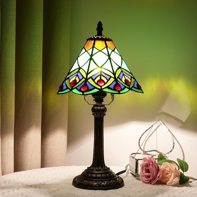 8 Inch Tiffany Style Stained Glass Table Lamp, Peacock Feather Pattern Retro Style Design, Suitable for Bedroom Bedside Lamp Office Study and Other Home Art Decoration (Green)