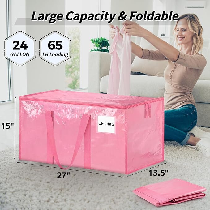 16 Pack Extra Large Heavy Duty Moving Bags, Pink Storage Bins with Lids, Reinforced Handles & Heavy-Duty Zippers Moving Boxes Storage Bags Totes for Clothes Packing, Dorms, College Supplies, Pink