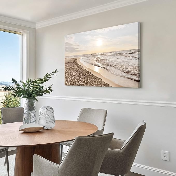 Coastal Beach Picture Wall Art: Ocean Sunset Sea Waves Canvas Prints Large Contemporary Tropical Sands Scenery Painting Nature Seaside Seascape Artwork for Bathroom Bedroom Office