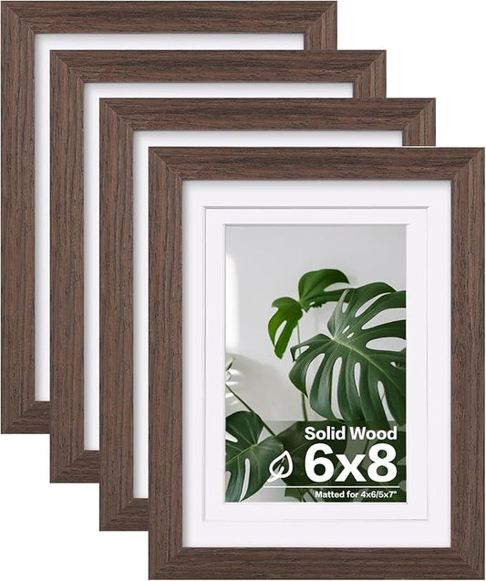 Egofine 6x8 Picture Frames Set of 4, Made of Solid Wood Covered by Plexiglass 4x6 and 5x7 with Mat or 6x8 without Mat, for Table Top Display and Wall Mounting Photo Frame Brown
