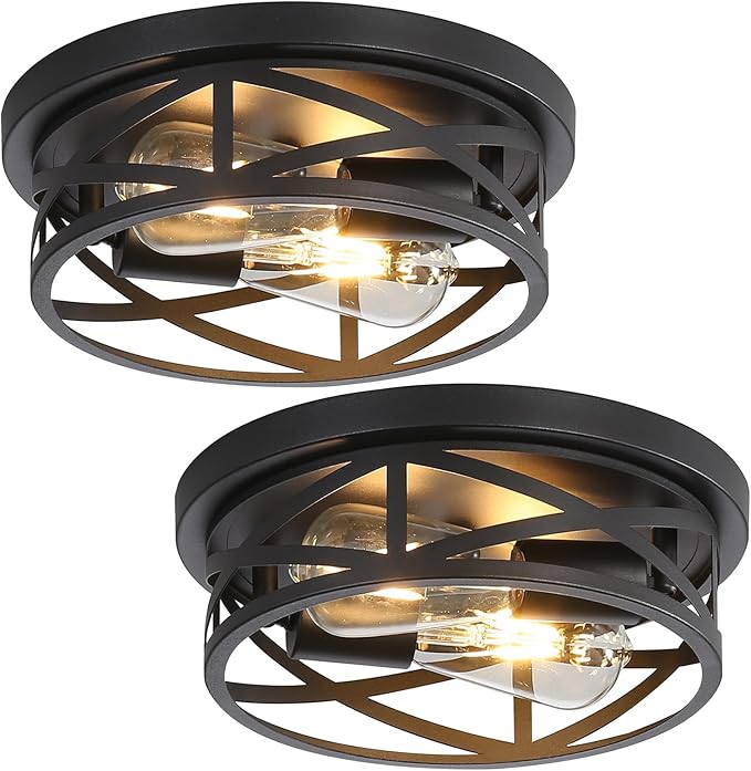 Black Flush Mount Ceiling Light Fixture,2-Light Industrial Farmhouse Ceiling Light Fixture,Black Light Fixture Ceiling Mount for Kitchen Bedroom Living Room Hallway 2 Pack