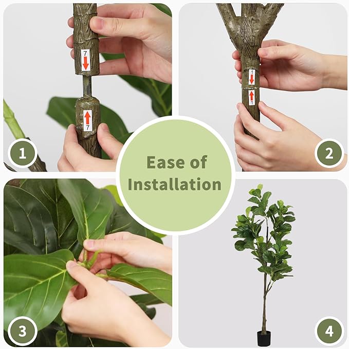Faux Fiddle Leaf Fig Tree 6ft(72in) Artificial Floor Plant for Indoor Decor Realistic Potted Tree with Texture Silk Leaves and Natural Wood Trunk for Home Living Room,Office Perfect Housewarming Gift