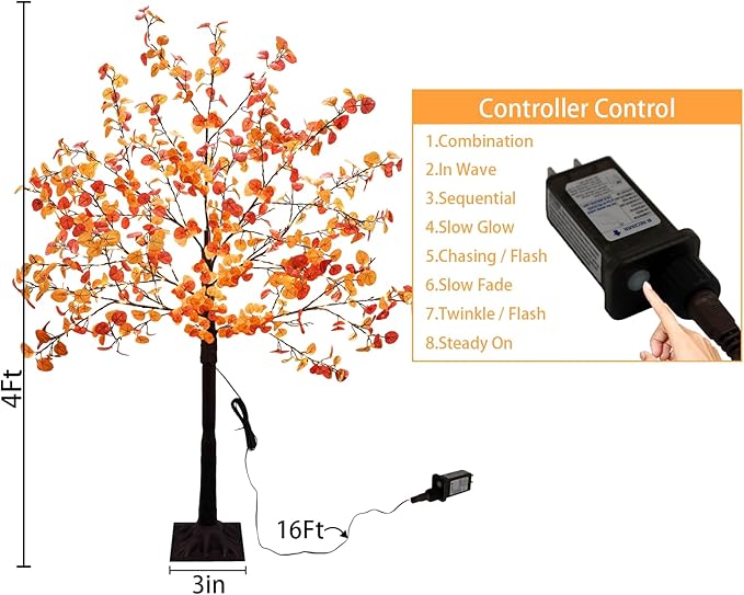Agusbagli 4FT 140LED Lighted Fall Eucalyptus Tree Thanksgiving Fall Decorations with Timer & 8 Modes Artificial Fall Trees with Lights & 336 Leaves Fall Light Up Tree Harvest Indoor Outdoor Fall Decor