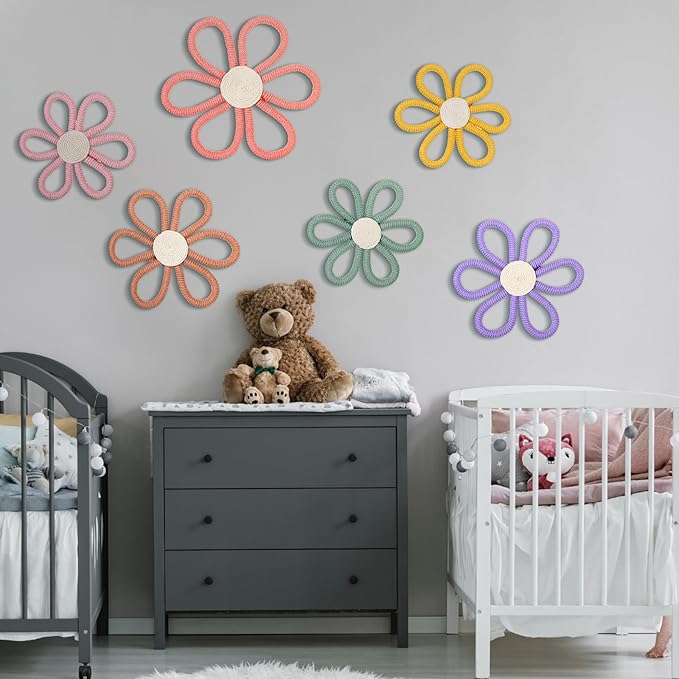 Barydat 6 Pcs Boho Nursery Decor Daisy Flower Woven Macrame Wall Hanging 3 Size Daisy Flower Wall Decor Bohemian Nursery Decorations for Home Dorm Art(Multicolor)