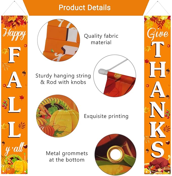 Fall Decorations for Home Happy Fall & Give Thanks Porch Banner Pumpkin Maple Leaves Door Welcome Signs for Autumn Harvest Thanksgiving Decorations Decor Indoor Outdoor