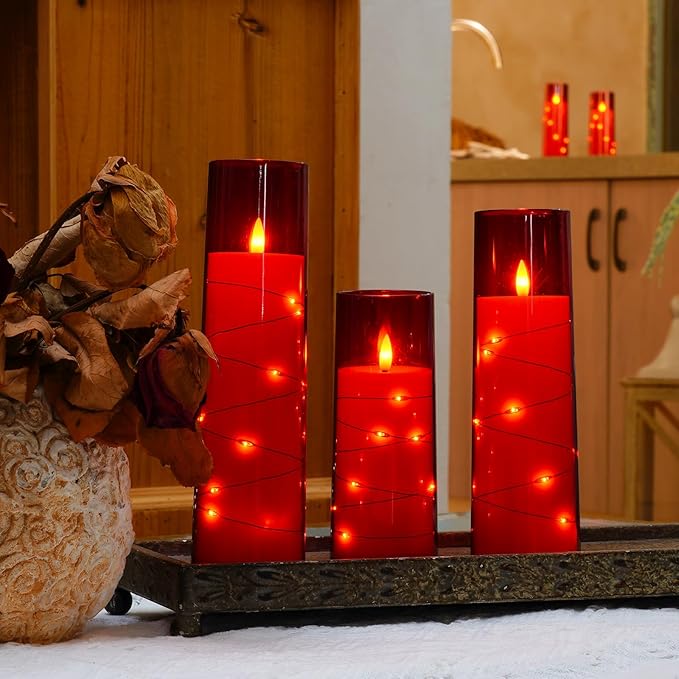 Raycare Flameless Candles with Embedded Star String, 5 Pcs Battery Operated Acrylic Pillar Candles with Timer and Remote, LED Candles for Romantic Ambiance and Home Decoration(Red)