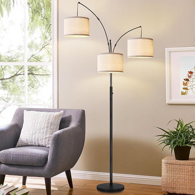 Dimmable Floor Lamp - 3 Lights Arc Floor Lamps for Living Room, 1000LM Modern Tall Standing Lamp with White Shades & Heavy Base, Mid Century Tree Floor Lamp for Bedroom Office, 3 LED Bulbs Included
