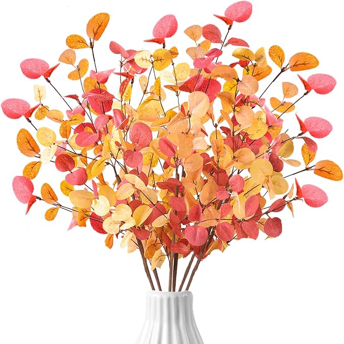 6Pcs Fall Artificial Flowers 27.6’’ Orange Autumn Eucalyptus Stems for Table Centerpieces Faux Eucalyptus Leaves Branches for Thanksgiving Floral Arrangements Home Party Decoration