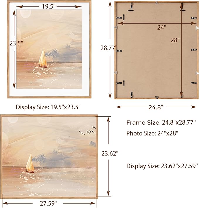 24x28 Picture Frame, Solid Oak Wood Frame 24 by 28, Rustic Wood Poster Frame 24"x28", 24x28 Frame with Mat for 20x24, 24 x 28 Frame with Tempered Real Glass (Natural Oak Color, 1 Pack)