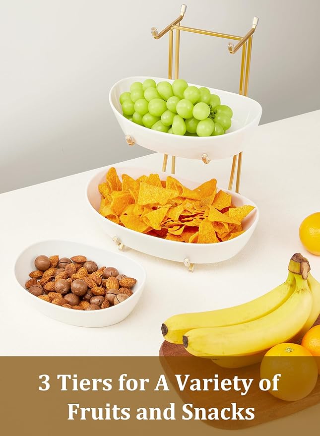 Yedio Fruit Bowls for Kitchen Counter, No Assembly Required, 3 Tier Porcelain Serving Bowls with Metal Stand, Tiered Fruit Basket for Fruit Vegetable Storage, Snack, Nuts, Cake, Dessert