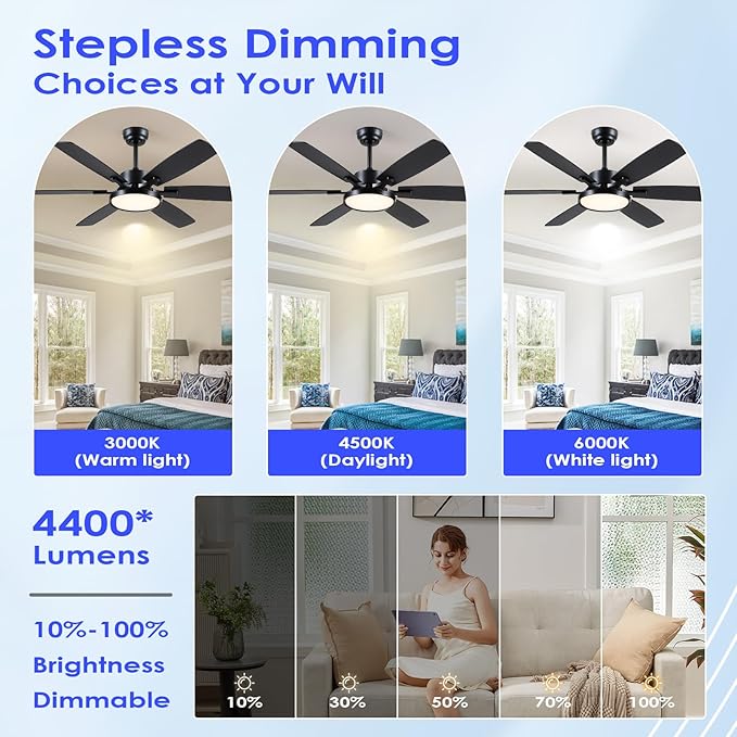 Ceiling Fan with Light,52“ Ceiling Fans with Light and Remote/APP for Bedroom with DC Motor, 6-Blade,3CCT,Surper Bright Dimmable LED Flush Mount Ceiling Fan for Kitchen Patio Use,Indoor/Outdoor Black