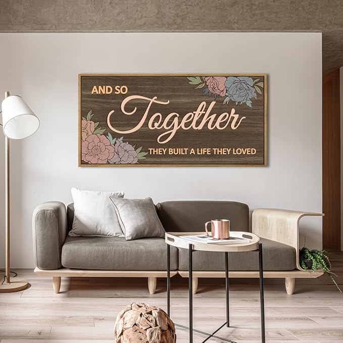 ANHUIB Large 3D Quote Wood Wall Art 20x40 Inch Framed Brown Wooden Signs Home Decor They Built a Life They Loved Inspirational Artwork Floral Wall Art for Living Room Bedroom Office