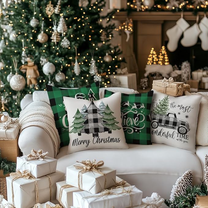 GEEORY Merry Christmas Throw Pillow Covers 20x20 Inch Set of 4, Xmas Trees Truck Green Buffalo Plaid Believe Farmhouse Decorative Cushion Cases for Home Decoration G595-20