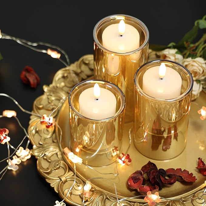 NURADA Flameless Candles with Remote Timer - Glass Real Wax 3D Wick LED Pillar Votive Candle Set Battery Operated Flickering Light for Home Christmas Decoration - Gold 3 Pack