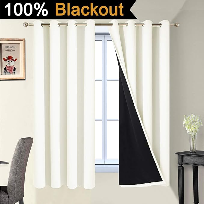Yakamok 100% Blackout Curtains with Black Liners, Solid Home Decor Thermal Insulated Full Blackout 2-Layer Lined Drapes, Energy Efficiency Window Draperies for Bedroom (52Wx63L, Cream, 2 Panels)