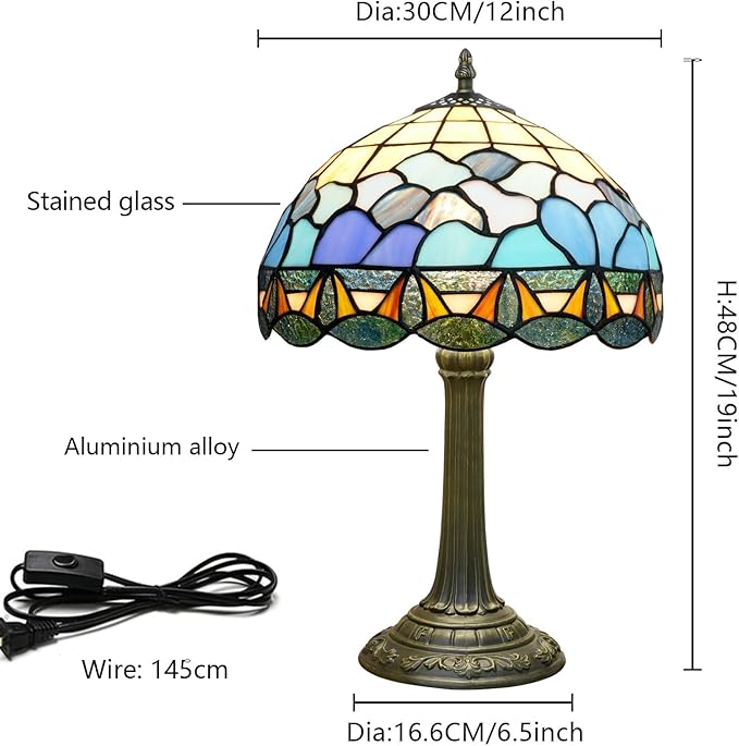 Tiffany Lamp 12 Inch Stained Glass Lamp Blue And White Sea Wave Tiffany Style Vintage Reading Bedside Lamp Can Be Used For Bedroom Dormitory Living Room Warm Atmosphere Retro Home Decoration Gifts