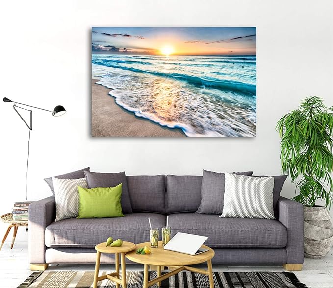 Baisuart S02269 Canvas Prints Wall Art Beach Sunset Paintings Ocean Waves Nature Pictures Stretched Canvas Wooden Framed for living Room Bedroom and Home Office Wall Decor Posters