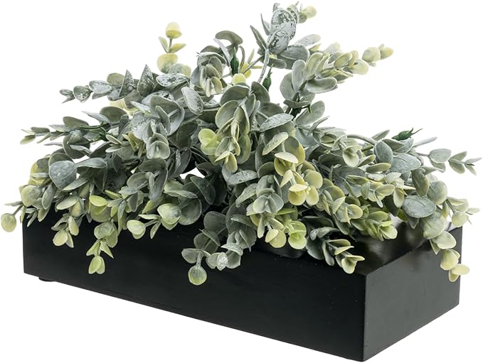 MyGift Artificial Eucalyptus Plant in Black Wood Decorative Planter Pot, Realistic Faux Indoor Greenery in Container for Tabletop Centerpiece Décor