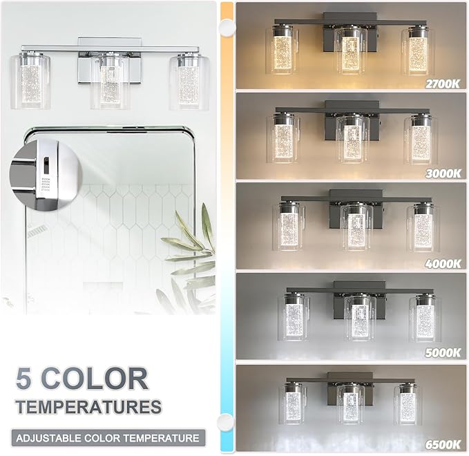 3 Light Chrome Bathroom Light Fixture, Dimmable 5CCT Chrome Bathroom Vanity Lights, 2700K-6500K Modern Crystal Bubble LED Wall Sconce Over Mirror with Clear Glass for Bedroom, Living Room