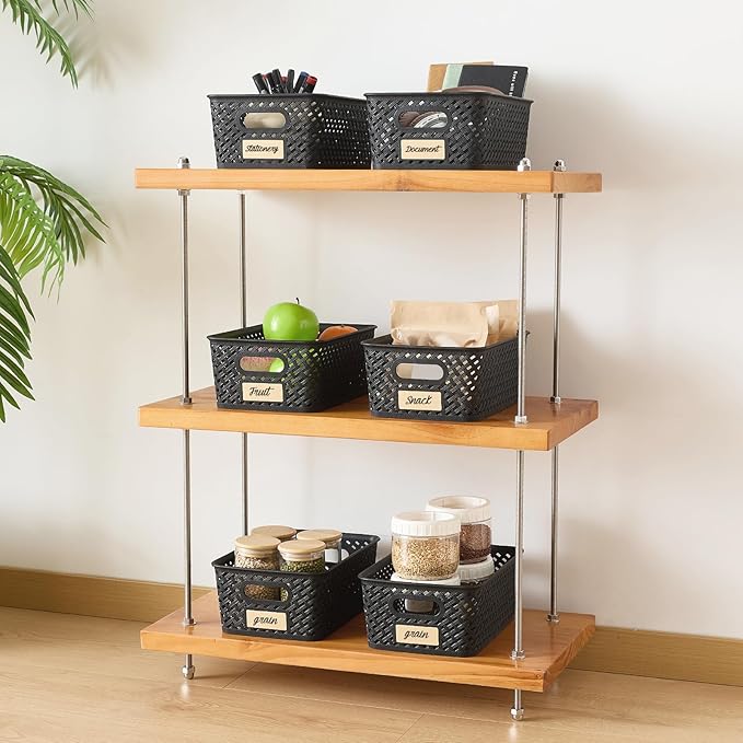 Small Plastic Twill Woven Storage Baskets, Stackable Organizing Containers with Labels for Pantry Office Kitchen, 6-Pack, Black