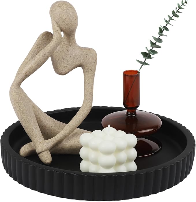 Round Decorative Tray for Coffee Table Decor-Modern Home Decor Tray-Concrete Coffee Table Serving Tray-Centerpiece Table Tray-Ottoman,Vanity, Bathroom, Kitchen,Dresser (Black)