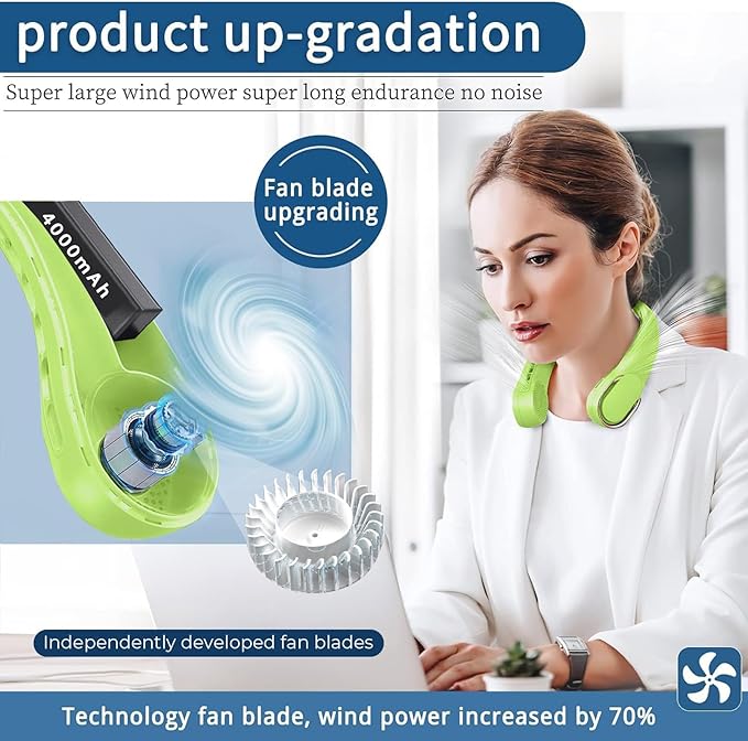 Portable Neck Fan, Bladeless Neck Fan, USB Rechargeable Personal Fan, 4000 mAh Battery Operated Wearable Fan, 3 Speeds Adjustable,Faster Cooling, Ultra Quiet, Suitable for Home, Office, Sports