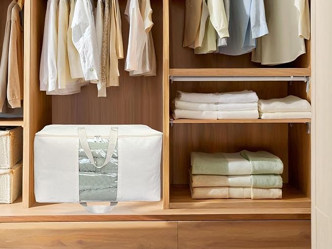 Soft Large Canvas Storage Bags with Zipper and Clear Window, Cotton Linen Storage Organizer for Pillows, Quilt, Blankets and Comforter, 80L, 4 Pack, Beige