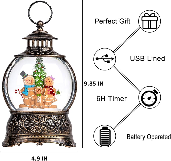Christmas Snow Globe Lighted Gingerbread Man Family Scene, Musical Snow Water Lantern Swirling Glittering Home Decoration and Gift, Battery Operated or USB Powered