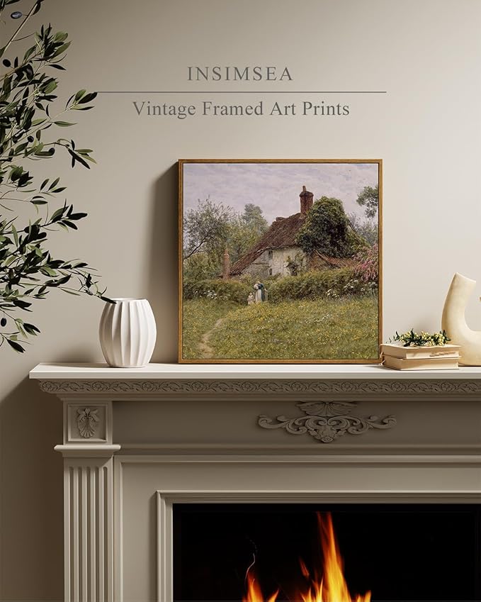 InSimSea Square Framed Canvas Wall Art, Vintage Landscape Prints Old Cottages Countryside Landscape Large Canvas Wall Art, Rustic Farmhouse Wall Decor for Bedroom Living Room Bathroom 16"x16"