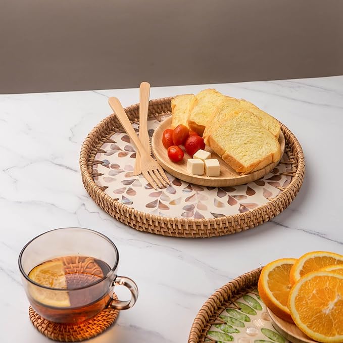 11.81" Round Rattan Mother Pearl Inlay Tray |Decorative Wooden Base for Fruit Serving, Coffee Table, Storage and Display Organizer (Brown Heart)