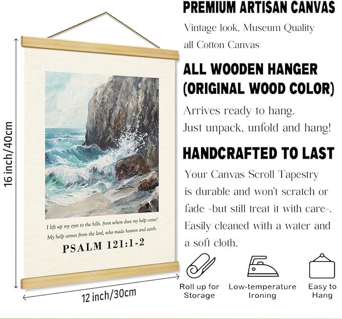 Christian Canvas Poster, Psalm 121:1-2 Canvas Poster Wood Hanger, Christian Wall Art, Bible Verse Posters, William Morris Prints Decor, Ocean Watercolor Decors, Home Decor Accent