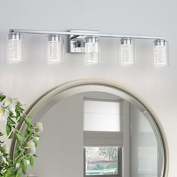 5 Light Chrome Bathroom Light Fixture, Dimmable 5CCT Chrome Bathroom Vanity Lights, 2700K-6500K Modern Crystal Bubble LED Wall Sconce Over Mirror with Clear Glass for Bedroom, Living Room