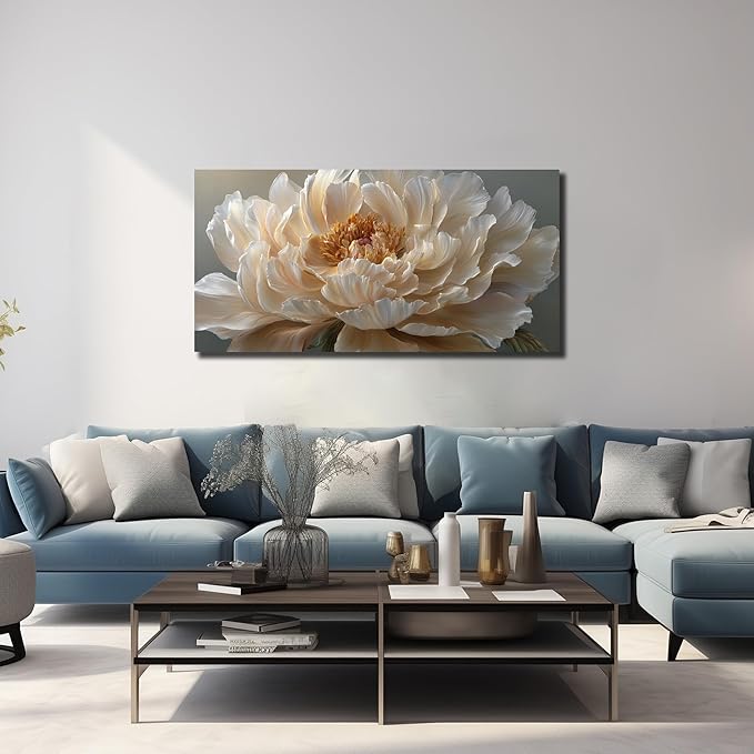 Ouzzlie Flower Canvas Wall Decor for Bedroom Living Room Office White Wall Art Floral Picture Art Light Yellow Peony Modern Artwork Posters 20"x40"