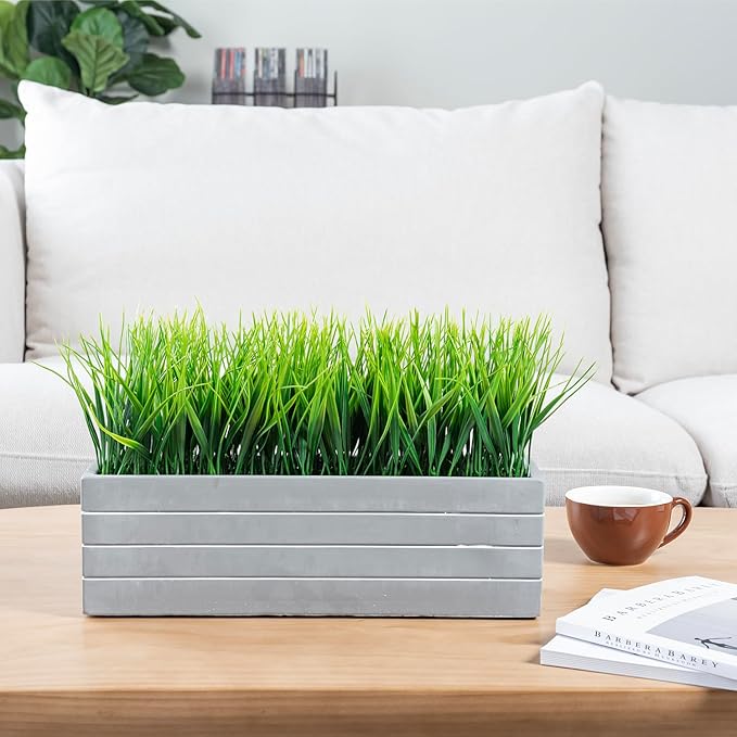 MyGift 15 Inch Artificial Green Grass Plants Potted in Ribbed Gray Concrete Planter Box, Tabletop Faux Greenery in Rectangular Cement Pot Centerpiece Décor