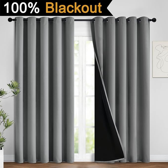 Yakamok 100% Blackout Lined Panels, Thermal Insulated Blackout Curtains for Bedroom, Heat Blocking Drapes for Living Room(62Wx84L, Grey, 2 Panels)