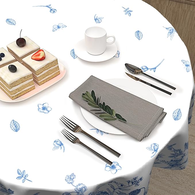 Spring Tablecloth 60 Inch Round Chinoiserie Floral Tablecloths Rustic Vintage Flower Tablecloths Blue Floral Bird Table Cloth Table Cover Spring Decoration for Home Holiday Party Kitchen Dining Picnic