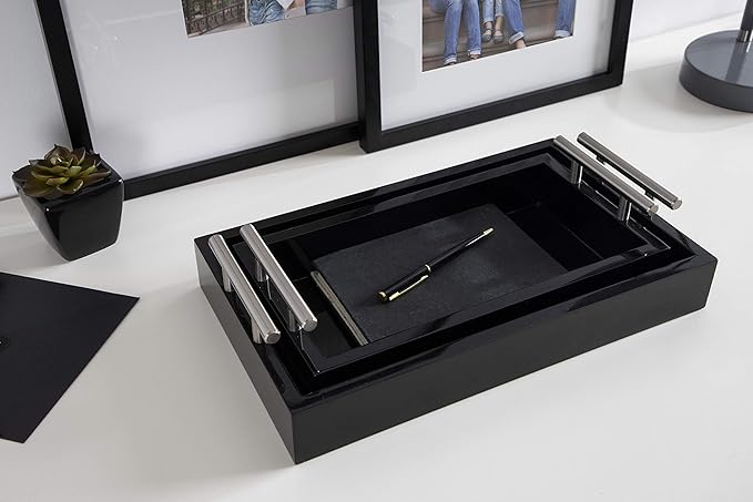 Kate and Laurel Lipton Modern Tray Set, Set of 2, Black and Silver, Glam Decorative Trays for Storage and Display