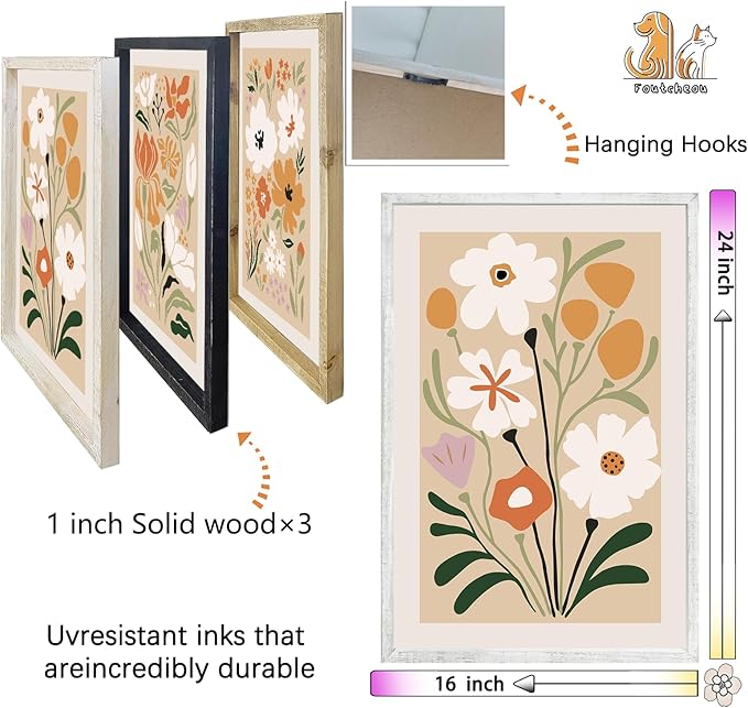 Boho Flowers Plant Wall Art Sign Set of 3 16"x24" Mid Century Modern Minimalist Wooden Framed Abstract Botanical Flower for Vintage Living Room Offic Bedroom Wall Hanging Decoration (White)