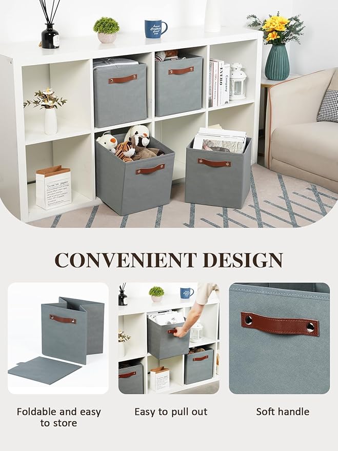 Temary 11x11 Storage Cubes Fabric Cube Storage Bins with Handles Clothes Storage Boxes Baskets for Organizing Home, Shelf, Closet (Grey, 11 x 11 x 11)