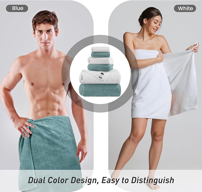 SEMAXE 12-Piece Mixed Color Towel Set (White, Blue) - 100% Cotton, Lightweight, Absorbent, Quick-Drying Bathroom Towel, Ideal for Couples and Gifts, Bath Towel, Hand Towel, and Washcloth Per Color