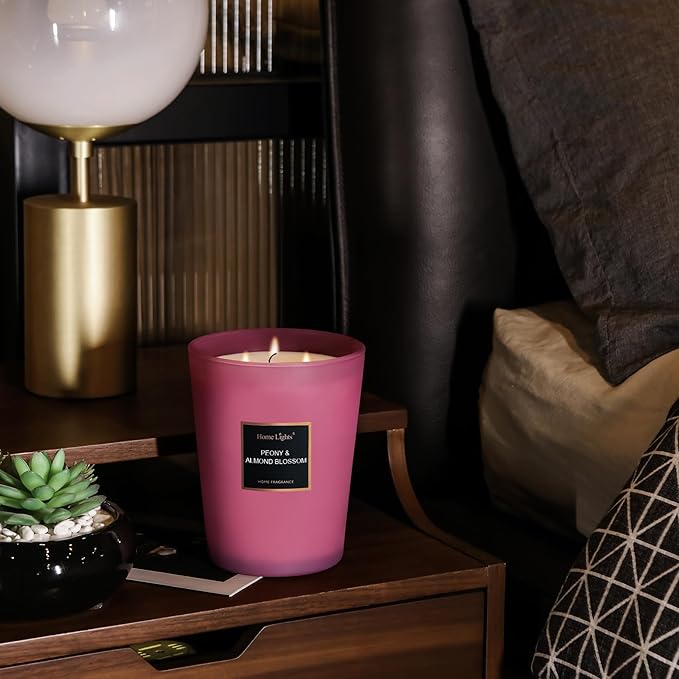 HomeLights Premium Scented Candles - 33.3 oz Natural Soy Wax, Aromatherapy for Home, Long Lasting Smokeless, 130 hrs Burn Time, 3 Cotton Wicks, Gifts for Women & Men - Peony & Almond Blossom